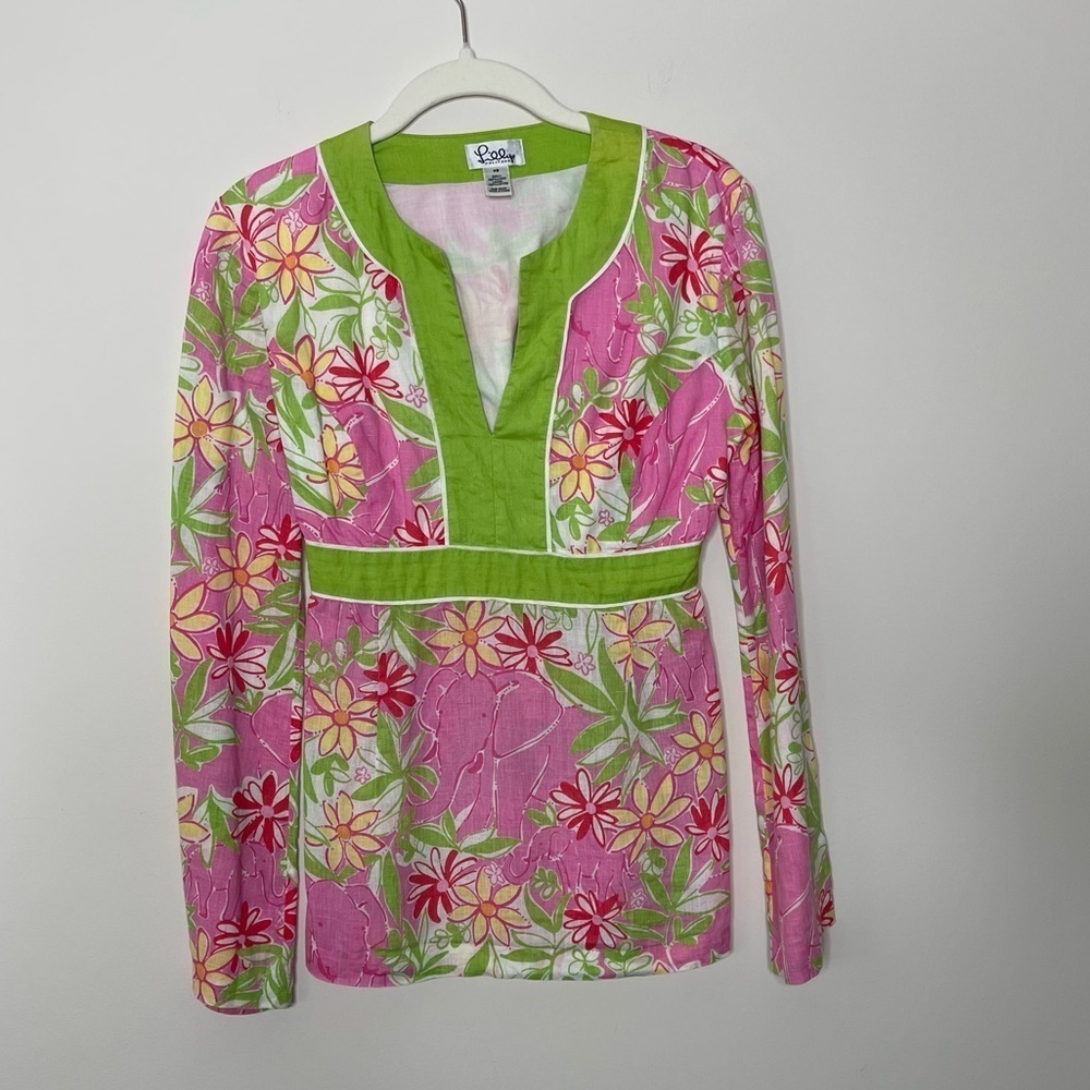 VTG Lilly Pulitzer Linen Floral Top Blouse Babydoll 80’s hippie flower power